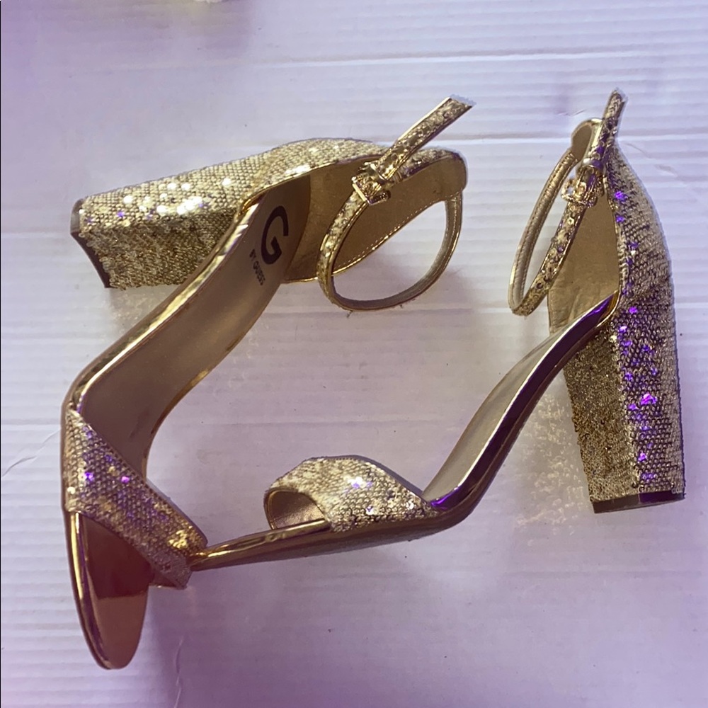 G by Guess Gold Glitter Block Heel Sandals
